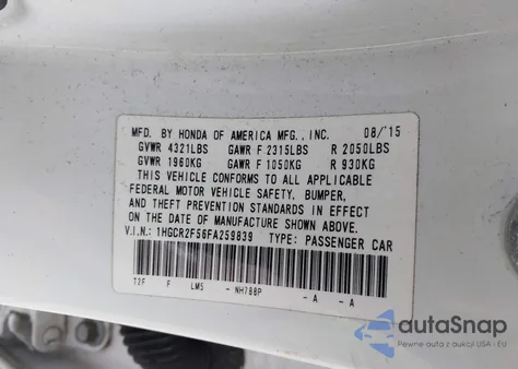 2015 Honda Accord Sport z USA, uszkodzony, nr VIN 1HGCR2F56FA259839